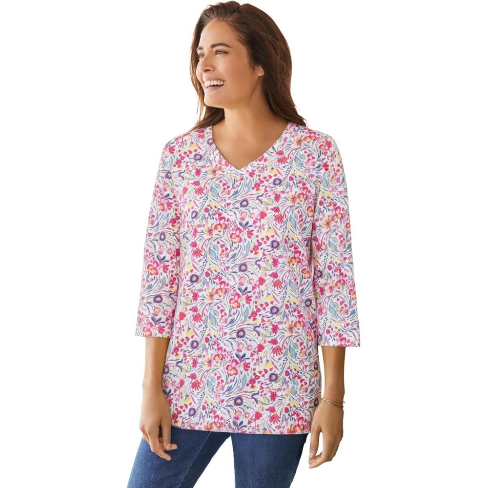 imageWoman Within Plus Size Perfect Printed ThreeQuarter Sleeve VNeck TeeWhite Swirl Ditsy