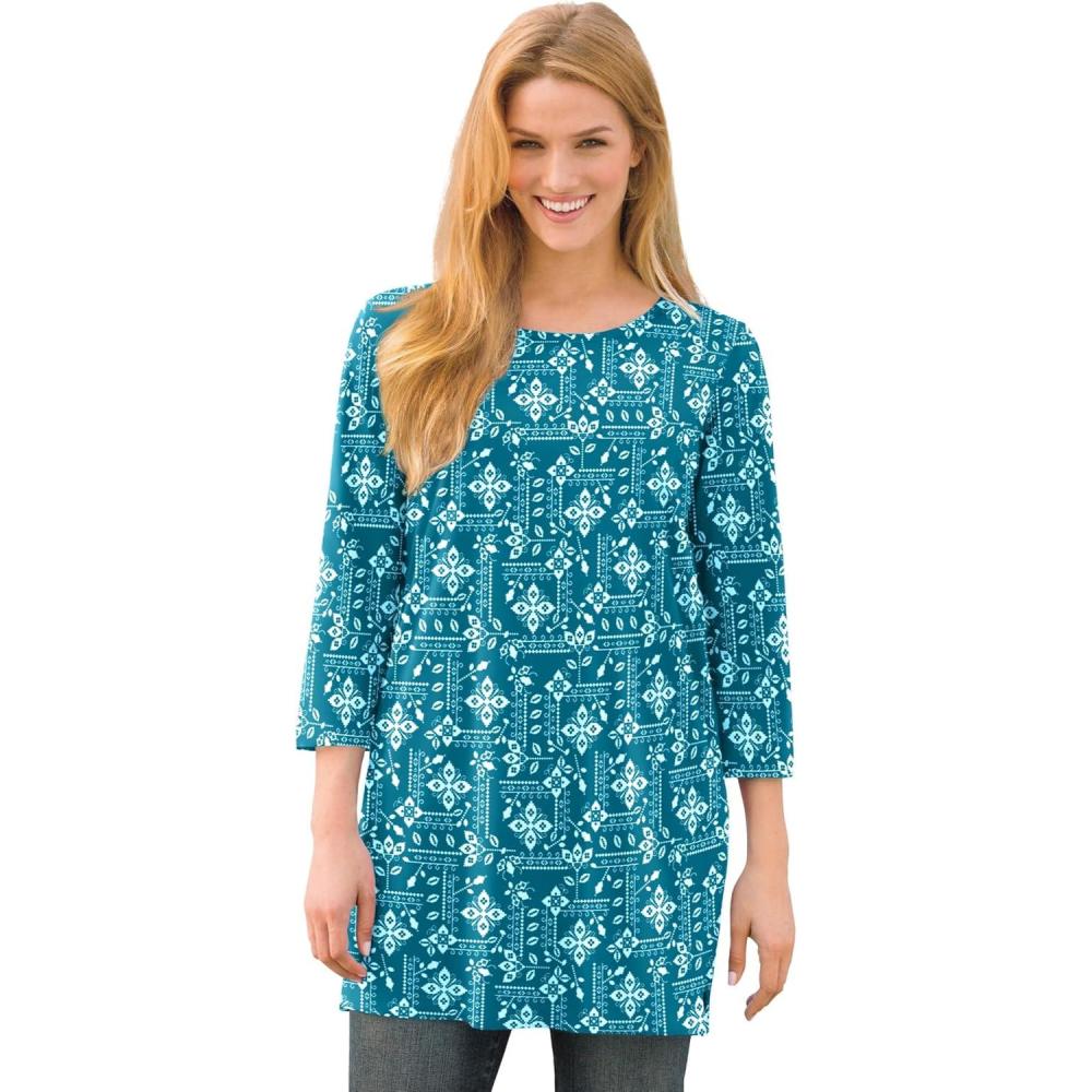 imageWoman Within Plus Size Perfect Printed ThreeQuarterSleeve Scoopneck TunicDeep Teal Patchwork