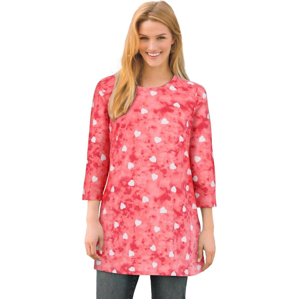 imageWoman Within Plus Size Perfect Printed ThreeQuarterSleeve Scoopneck TunicGeranium Tie Dye Hearts