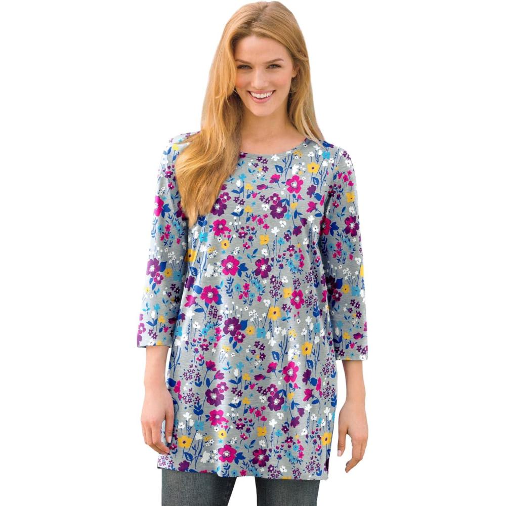 imageWoman Within Plus Size Perfect Printed ThreeQuarterSleeve Scoopneck TunicHeather Grey Field Floral