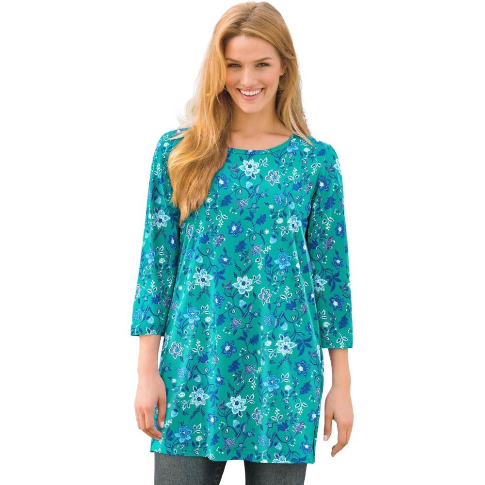 imageWoman Within Plus Size Perfect Printed ThreeQuarterSleeve Scoopneck TunicPretty Jade Jacquard Floral