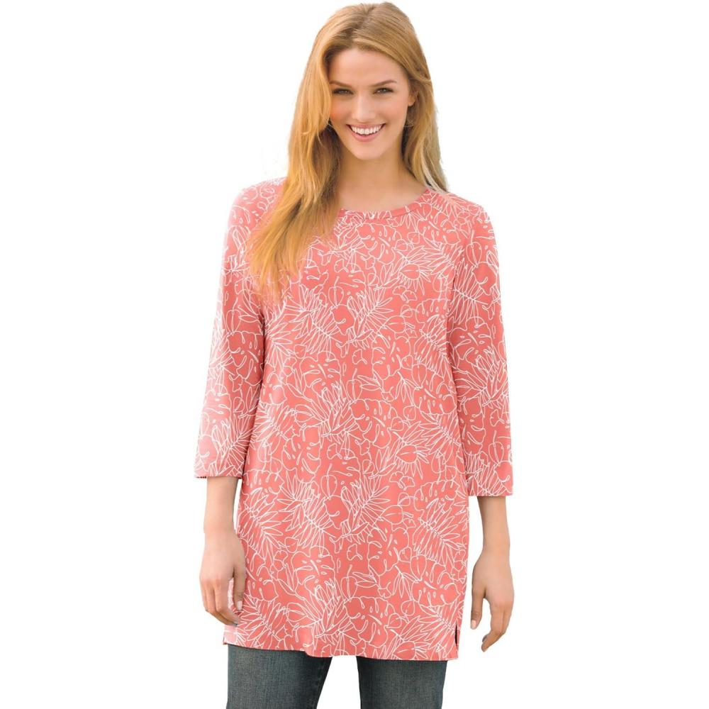 imageWoman Within Plus Size Perfect Printed ThreeQuarterSleeve Scoopneck TunicSweet Coral Palm