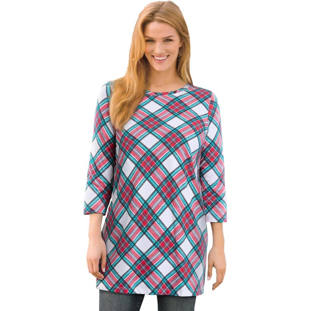 imageWoman Within Plus Size Perfect Printed ThreeQuarterSleeve Scoopneck TunicWhite Red Plaid