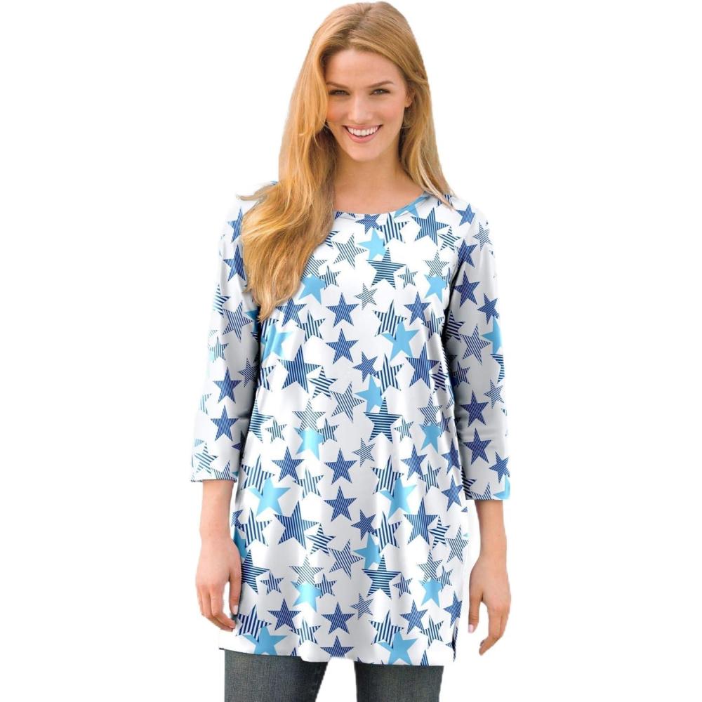 imageWoman Within Plus Size Perfect Printed ThreeQuarterSleeve Scoopneck TunicWhite Striped Stars