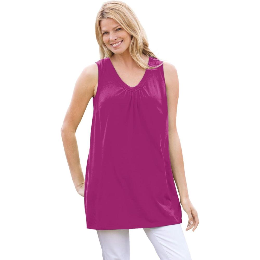 imageWoman Within Plus Size Perfect Sleeveless Shirred VNeck TunicRaspberry