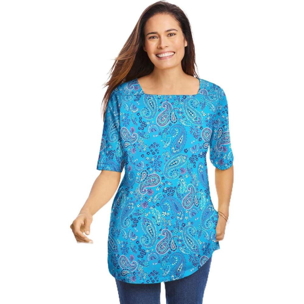 imageWoman Within Plus Size Printed Perfect SquareNeck TeePretty Turquoise Paisley