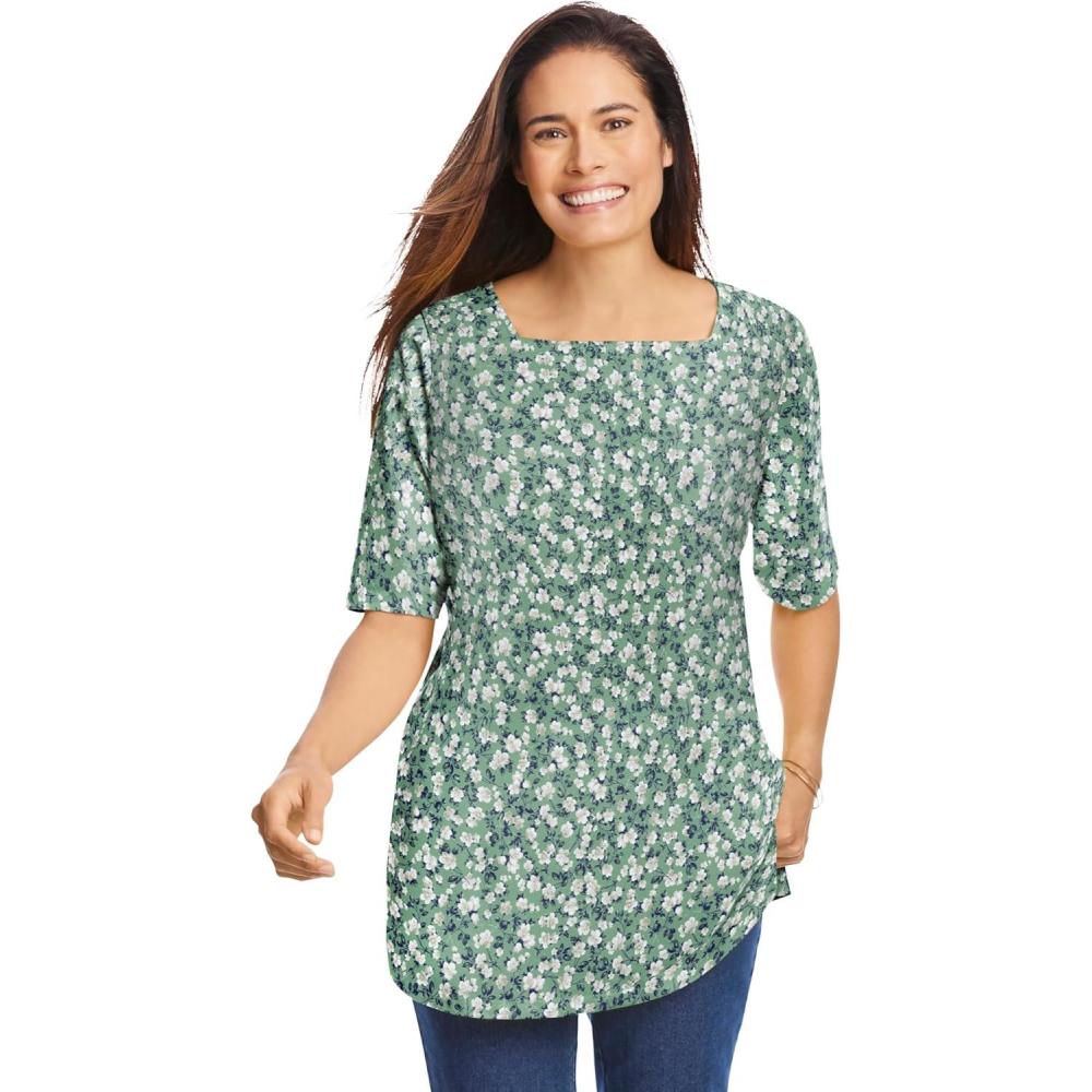 imageWoman Within Plus Size Printed Perfect SquareNeck TeeSage Blossom Vine