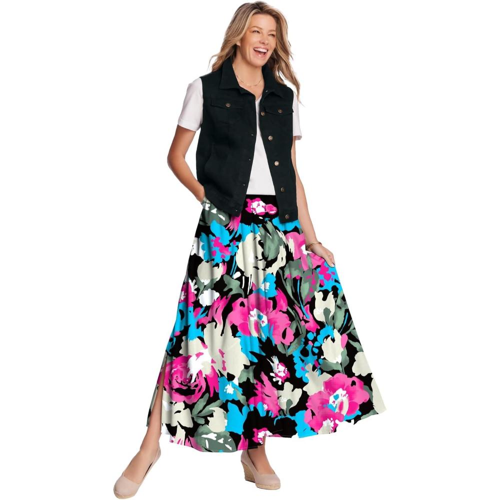 imageWoman Within Plus Size PullOn Elastic Waist Soft Maxi SkirtBlack Happy Bloom