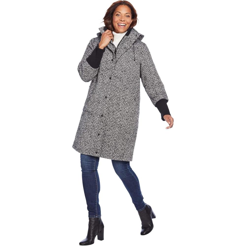 imageWoman Within Plus Size RibKnit Trim Wool CoatBlack Herringbone