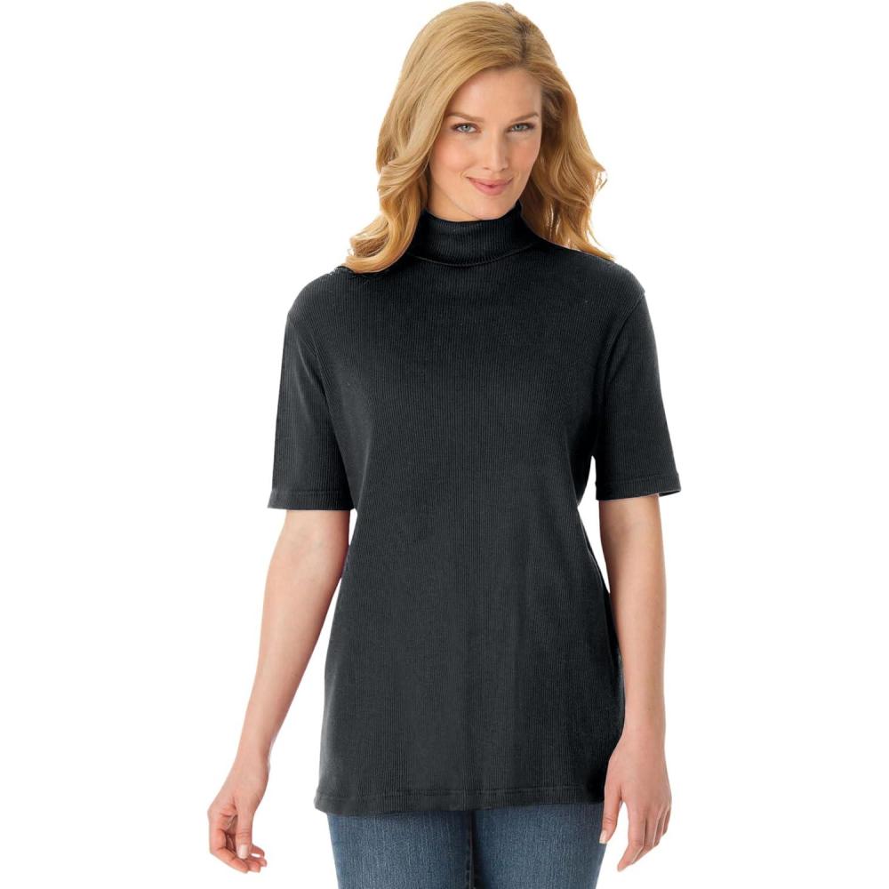 imageWoman Within Plus Size Ribbed Short Sleeve TurtleneckBlack