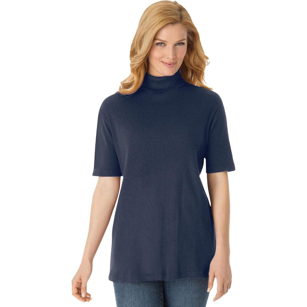 imageWoman Within Plus Size Ribbed Short Sleeve TurtleneckNavy