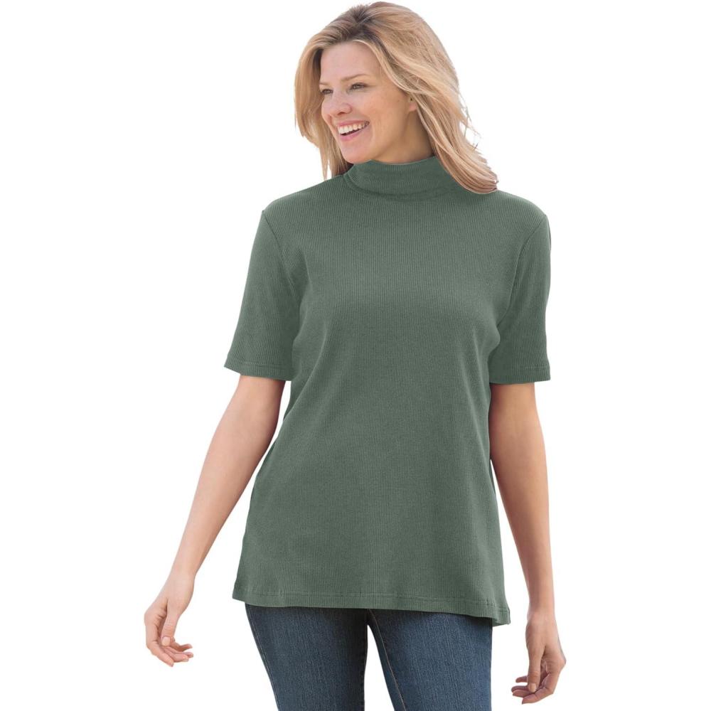 imageWoman Within Plus Size Ribbed Short Sleeve TurtleneckPine