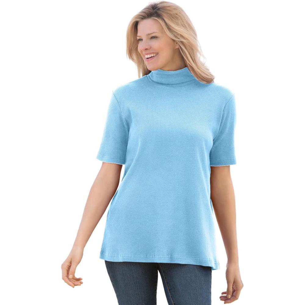 imageWoman Within Plus Size Ribbed Short Sleeve TurtleneckSky Blue