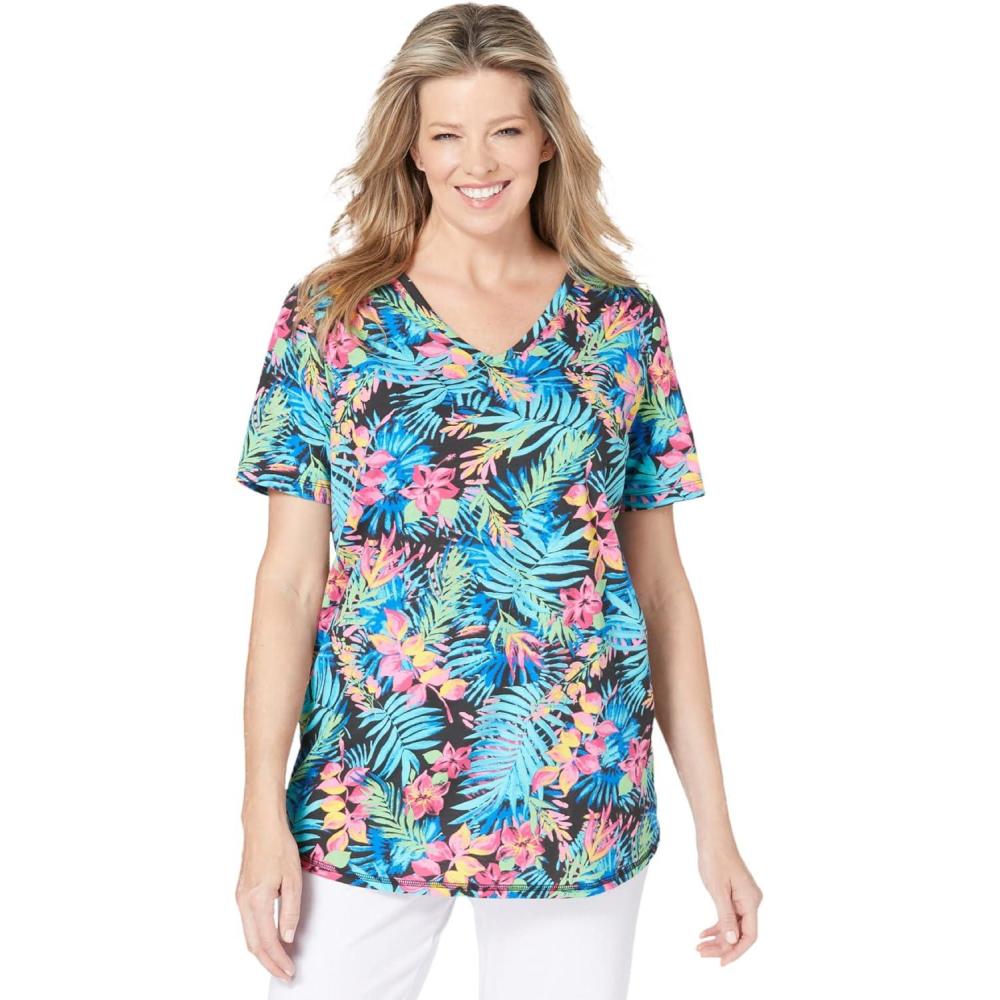 imageWoman Within Plus Size ShortSleeve VNeck Shirred TeeBlack Multi Tropicana