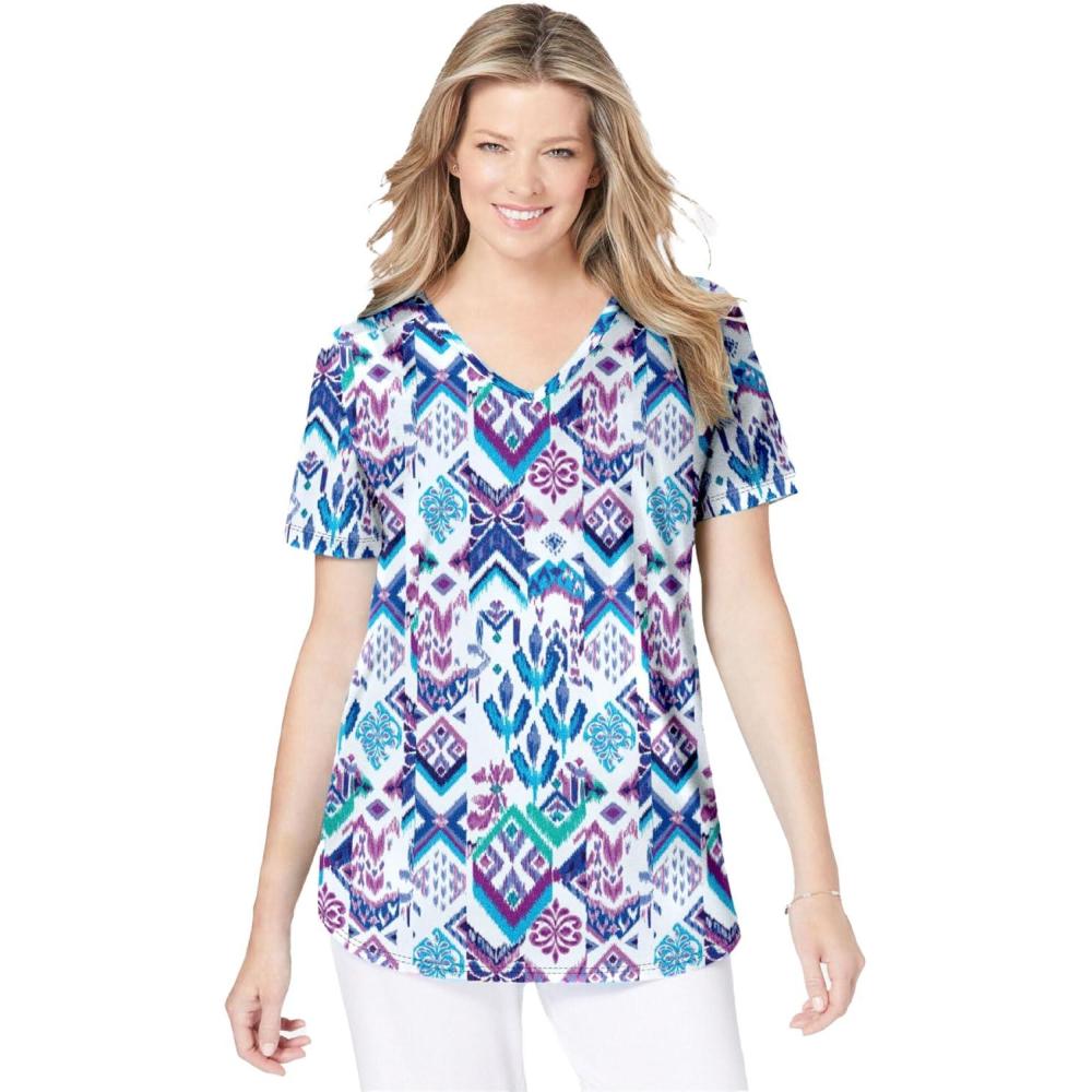 imageWoman Within Plus Size ShortSleeve VNeck Shirred TeeWhite Multi Batik