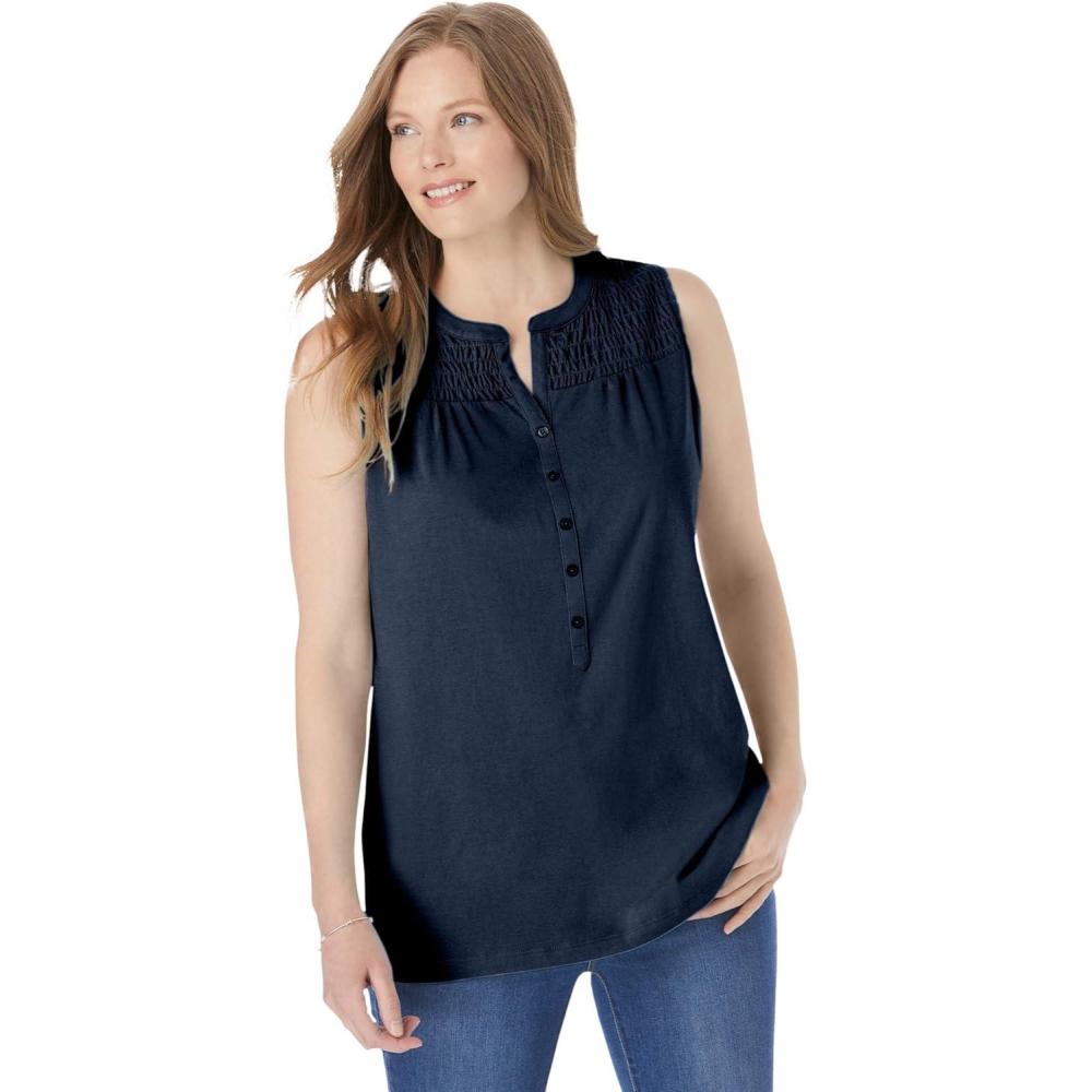 imageWoman Within Plus Size Smocked Henley Tank TopNavy