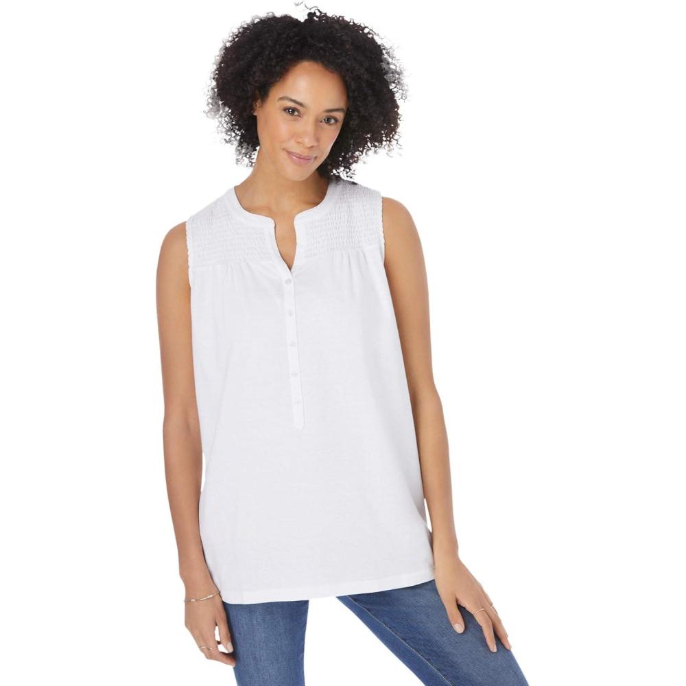 imageWoman Within Plus Size Smocked Henley Tank TopWhite