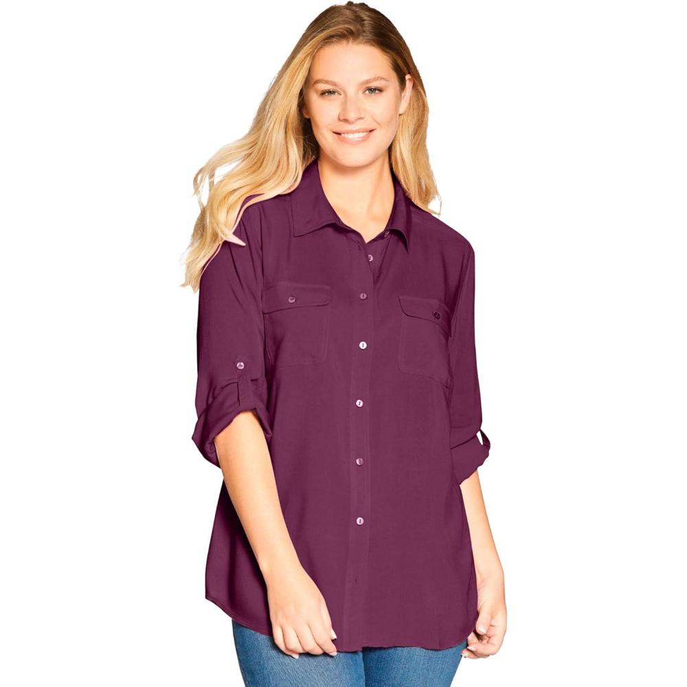 imageWoman Within Plus Size Utility Button Down ShirtDeep Claret