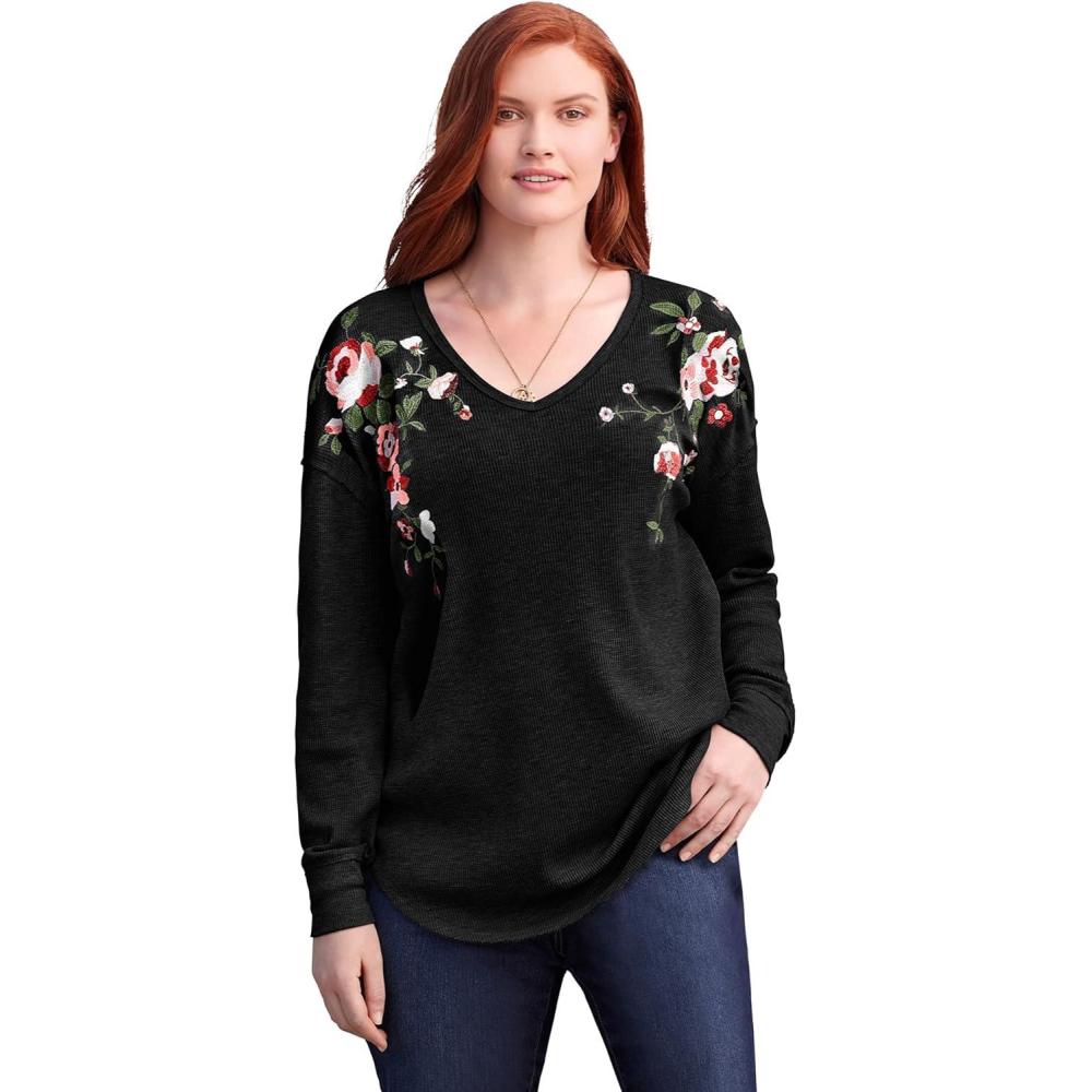 imageWoman Within Plus Size Waffle Thermal VNeck TeeBlack Flower Embroidery