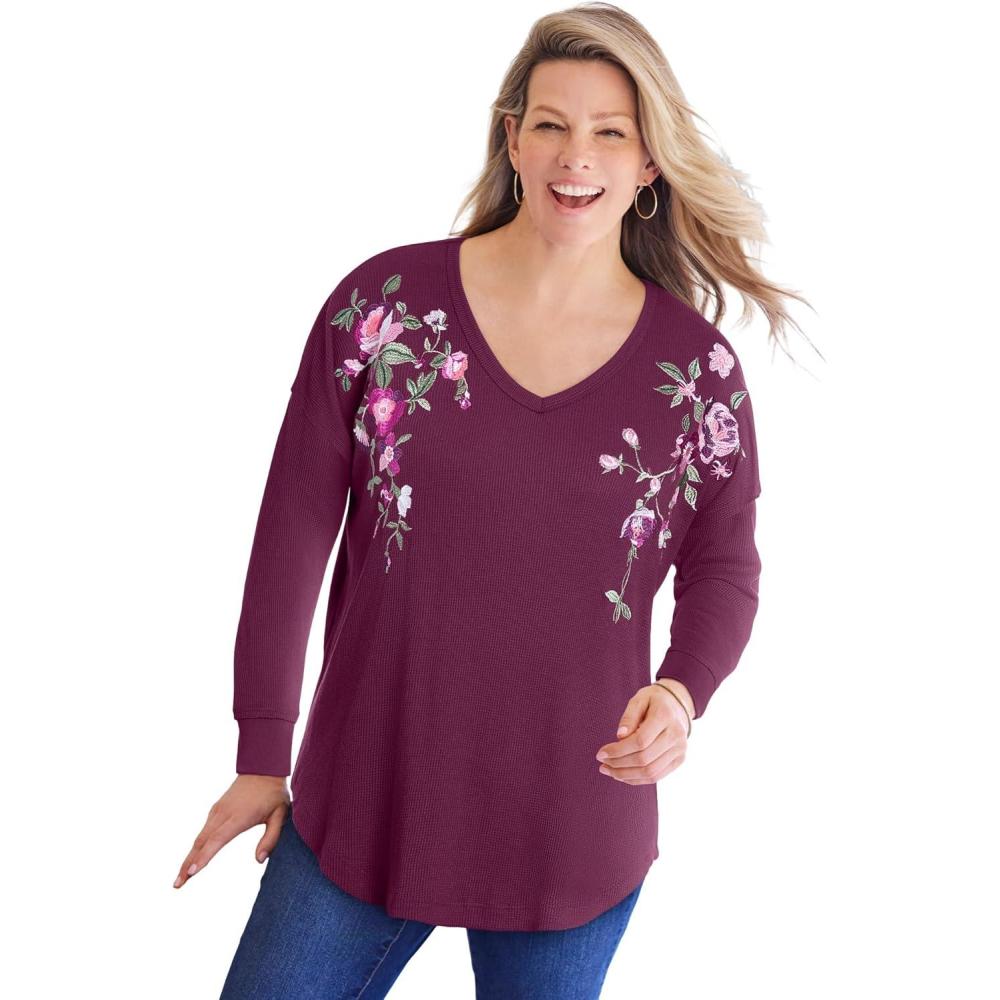 imageWoman Within Plus Size Waffle Thermal VNeck TeeDeep Claret Flower Embroidery