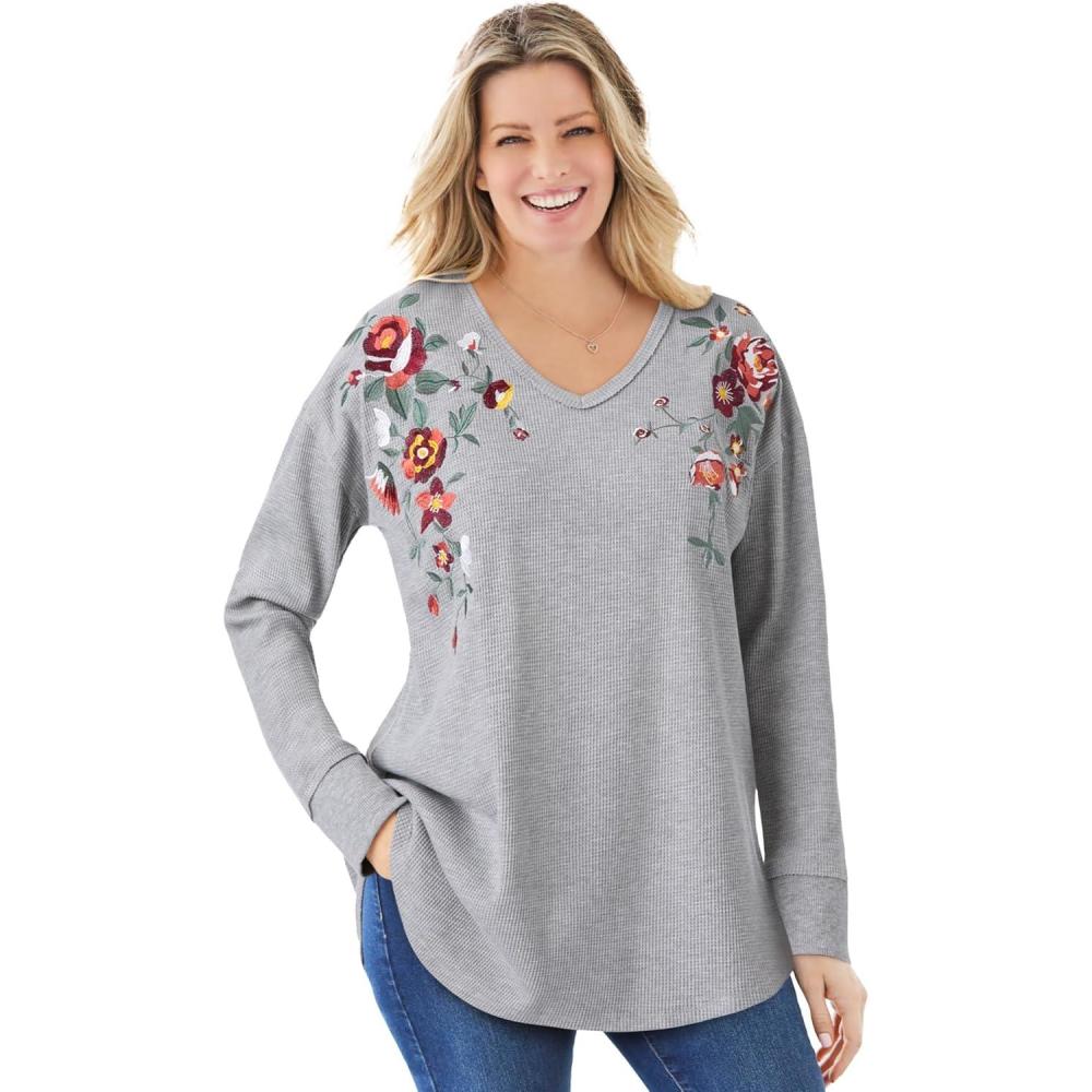 imageWoman Within Plus Size Waffle Thermal VNeck TeeHeather Grey Flower Embroidery