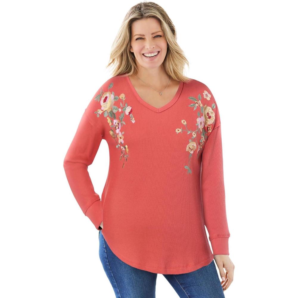 imageWoman Within Plus Size Waffle Thermal VNeck TeePumpkin Flower Embroidery