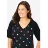 Woman Within Plus Size Elbow Sleeve V-Neck Baseball Tee(Black Multi Sprinkle Hearts)