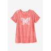 Woman Within Plus Size Marled Cuffed-Sleeve Tee(Sweet Coral Butterfly)