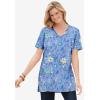 Woman Within Plus Size Perfect Printed Short-Sleeve Shirred V-Neck Tunic(Black Multi Floral)
