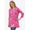 Woman Within Plus Size Perfect Printed Three-Quarter-Sleeve Scoopneck Tunic(White Painterly Bloom)