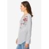 Woman Within Plus Size Waffle Thermal V-Neck Tee(Heather Grey Flower Embroidery)