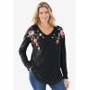 Woman Within Plus Size Waffle Thermal V-Neck Tee(Pumpkin Flower Embroidery)