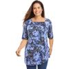 Woman Within Plus Size Printed Perfect Square-Neck Tee(Navy Floral Tie Dye)