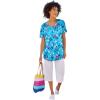 Woman Within Plus Size Short-Sleeve V-Neck Shirred Tee(Pretty Turquoise Butterflies)