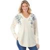 Woman Within Plus Size Waffle Thermal V-Neck Tee(Ivory Flower Embroidery)