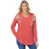 Woman Within Plus Size Waffle Thermal V-Neck Tee(Pumpkin Flower Embroidery)