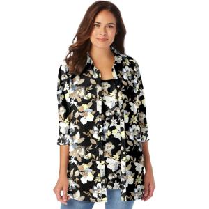 Woman Within Plus Size 2-Piece Shirt and Tank(Black Khaki Watercolor Flower)