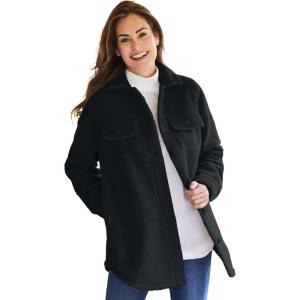 Woman Within Plus Size Berber Shirt Jacket Long Oversized Fuzzy Fleece Shacket(Black)