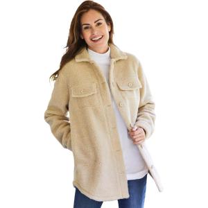 Woman Within Plus Size Berber Shirt Jacket Long Oversized Fuzzy Fleece Shacket(Natural Khaki)