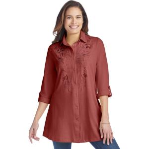 Woman Within Plus Size Button-Front Embroidered Tunic(Red Ochre Embroidery)