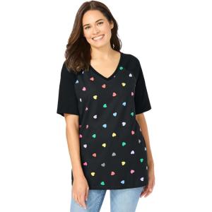 Woman Within Plus Size Elbow Sleeve V-Neck Baseball Tee(Black Multi Sprinkle Hearts)