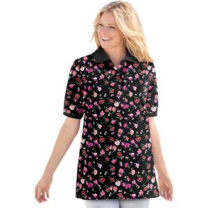 Woman Within Plus Size Elbow-Sleeve Polo Tunic(Black Multi Floral)