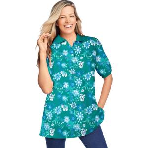 Woman Within Plus Size Elbow-Sleeve Polo Tunic(Waterfall Flowers)