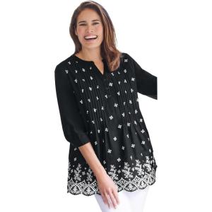 Woman Within Plus Size Embroidered Pintuck Tunic(Black Eyelet Embroidery)