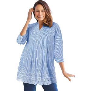 Woman Within Plus Size Embroidered Pintuck Tunic(French Blue Stripe Eyelet Embroidery)
