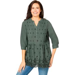 Woman Within Plus Size Embroidered Pintuck Tunic(Pine Eyelet Embroidery)