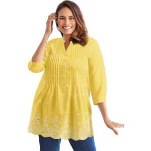 Woman Within Plus Size Embroidered Pintuck Tunic(Primrose Yellow Eyelet Embroidery)