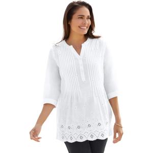 Woman Within Plus Size Embroidered Pintuck Tunic(White Eyelet Embroidery)