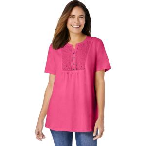 Woman Within Plus Size Eyelet Henley Tee(Peony Petal)