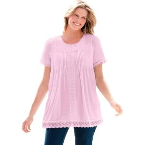 Woman Within Plus Size Lace-Trim Pintucked Tunic(Pink)